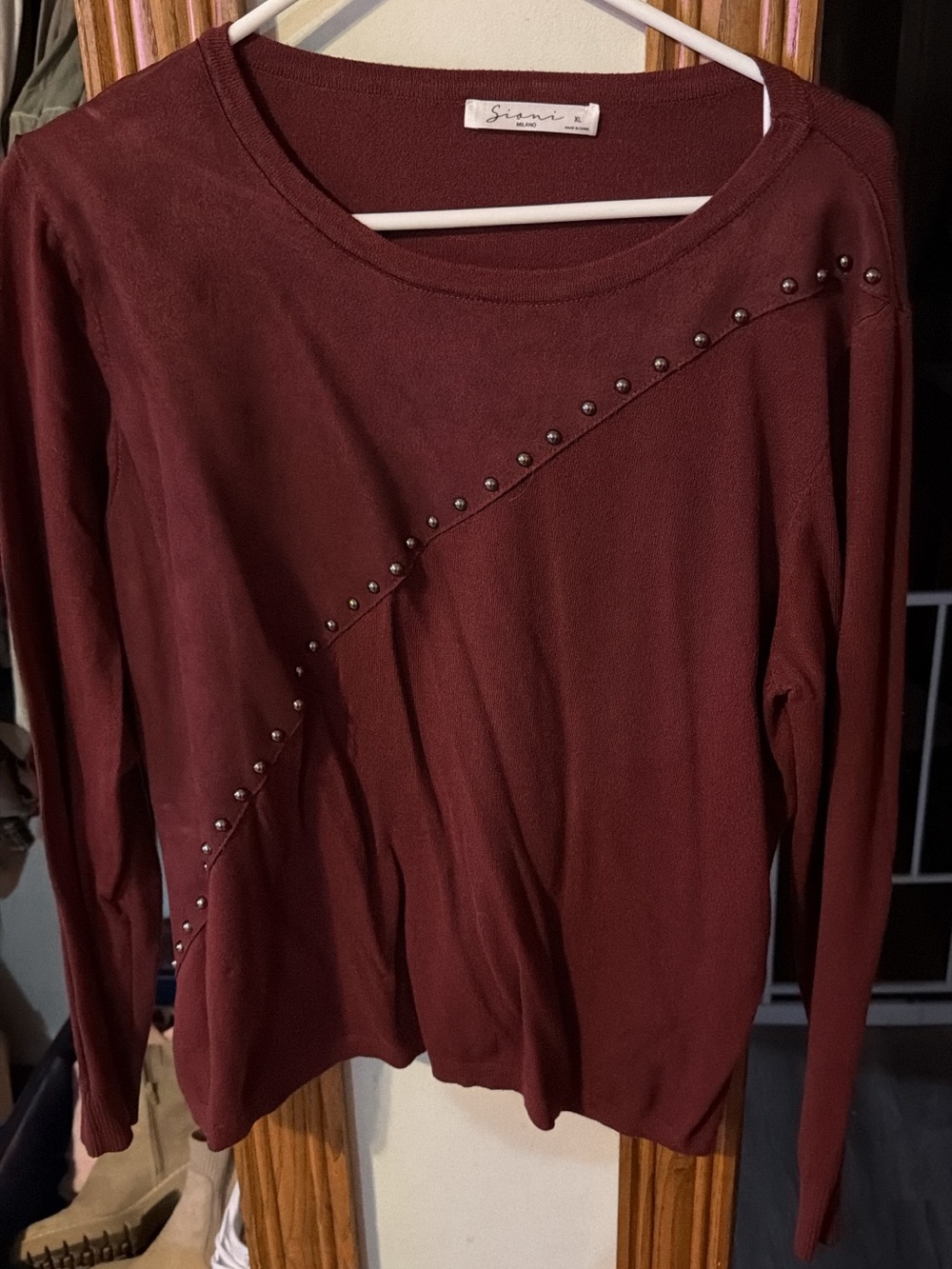 Sioni Maroon Long Sleeve Top with Diagonal Stud Trim